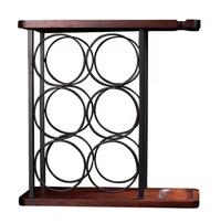 Suport pentru 6 sticle vin si 2 pahare din otel si lemn - 1