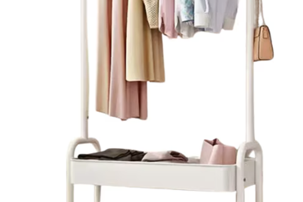 Suport portabil din otel carbon pentru umerase si haine 2 rafturi 2 carlige 4 rotile