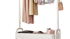 Suport portabil din otel carbon pentru umerase si haine 2 rafturi 2 carlige 4 rotile