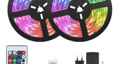 UB Kit banda LED RGB 10 m, 2 x 5 m, telecomanda IR si alimentare 12 V