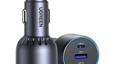 Incarcator auto UGREEN 75W 3-Port Fast Car Charger EC703, 1 x USB A, 2 x USB C, Negru