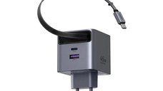 Incarcator rapid cu cablu retractabil UGREEN 45W GaN Fast Charger X614, 2 x USB C + 1 x USB A, Gri