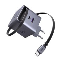 Incarcator rapid cu cablu retractabil UGREEN 65W GaN Fast Charger X615, 2 x USB C + 1 x USB A, Gri - 2