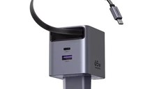 Incarcator rapid cu cablu retractabil UGREEN 65W GaN Fast Charger X615, 2 x USB C + 1 x USB A, Gri