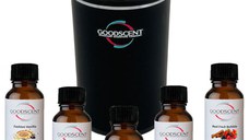 PACHET: Aparat profesional parfumare Good Scent Aroma Car Diffuser, cu baterie interna, negru  si 5 rezerve incluse