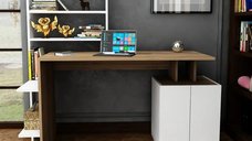 Birou cu biblioteca incorporata Melis, 146.3 x 128.8 x 60 cm, alb/nuc - Solutie moderna pentru birou