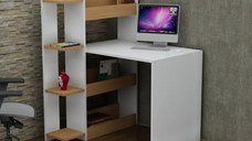 Birou cu etajere incorporate Organize Homs, 85.6 x 120 x 90 cm, alb/stejar