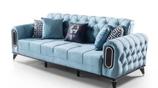 Canapea extensibila 3 locuri 225x89x90 cm – stofa albastra, detalii aurii – Salsa