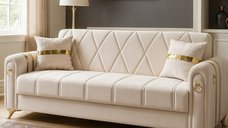 Canapea extensibila 3 locuri cu lada de depozitare 220x87x93 cm, bej cu detalii aurii – Camara