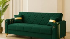 Canapea extensibila Camara 220x87x93 cm cu lada de depozitare si detalii aurii, verde
