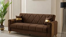 Canapea extensibila Camara cu lada de depozitare, 220x87x93 cm, maro cu detalii aurii