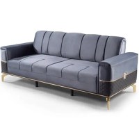 Canapea extensibila cu 3 locuri living – stofa gri, detalii aurii – Extra - 1