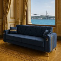 Canapea extensibila cu lada de depozitare 220x87x93 cm ,albastru, detalii aurii –Camara - 1