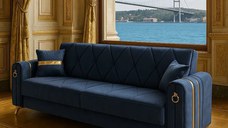 Canapea extensibila cu lada de depozitare 220x87x93 cm ,albastru, detalii aurii –Camara