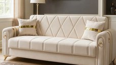 Canapea extensibila cu lada de depozitare 220x87x93 cm , bej si detalii aurii –Camara