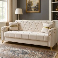 Canapea extensibila cu lada de depozitare 220x87x93 cm , bej si detalii aurii –Camara - 1