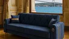Canapea extensibila cu lada de depozitare 220x87x93 cm , detalii aurii –Camara