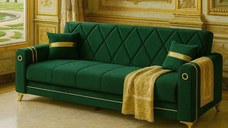Canapea extensibila cu lada de depozitare 220x87x93 cm , detalii aurii,verde – Camara