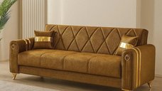 Canapea extensibila cu lada de depozitare 220x87x93 cm, maro si detalii aurii – Camara