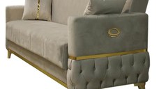 Canapea extensibila cu lada de depozitare 220x90x97 cm – stofa bej, insertii aurii – Vegas