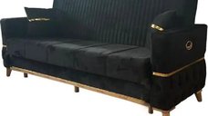 Canapea extensibila cu lada de depozitare 220x90x97 cm – stofa neagra, detalii aurii – Vegas
