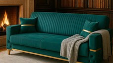 Canapea extensibila cu lada de depozitare 220x90x97 cm – stofa verde, detalii aurii –  Vegas