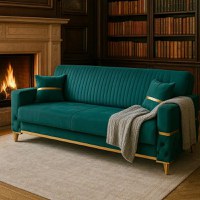 Canapea extensibila cu lada de depozitare 220x90x97 cm – stofa verde, detalii aurii –  Vegas - 1