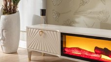 Comoda TV Calvin cu semineu decorativ si LED, bej, 160 cm