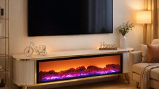 Comoda TV Royal de 160 cm cu semineu electric, iluminare LED si boxa Bluetooth