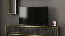 Comoda TV si Modul Superior Vals Homs, 180 x 45.5 x 29.5 cm, Negru si Auriu