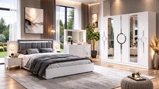 Dormitor Carol,sifonier,comoda,noptiera,pat cu lada Homs, alb, 220x210x50 cm