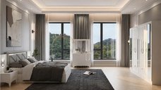 Dormitor Carolina, sifonier, comoda, noptiera, pat cu lada Homs, alb, 220x210x50 cm