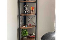 Etajera de colt cu pal-structura metal,seria 440, Homs, 160x45x29 cm, nuc/negru,20488