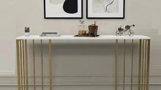 Masa de bucatarie tip bar A0081, alb si auriu, 150x35x90 cm