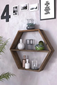 Raft de perete din lemn Hexagonal Homs, maro - 1