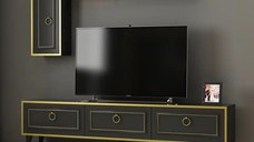Resigilat:Set comoda tv si modul superior Vals Homs, 180 x 45.5 x 29.5 cm, negru/auriu