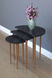 Set 3 masute cafea Moon Homs marmorat negru/nuc - 1