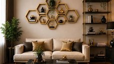 Set 9 Rafturi Hexagonale pentru Perete - Culoare Aurie, Homs, Model Seia A620, Lemn Natural