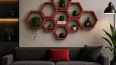 Set 9 rafturi perete Hexa Culoare roşu ,Homs,Seia A620,lemn natur