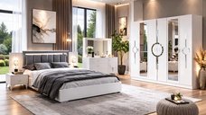 Set Dormitor Carol Homs - Sifonier, Comoda, Noptiera si Pat cu Lada, Alb, Dimensiuni 220x210x50 cm