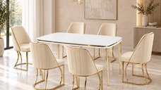 Set Elegant Masa cu 6 Scaune Bej pentru Bucatarie Reina Homs 80 x 140 cm Alb/Auriu