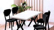Set Masa Barton din MDF cu 4 Scaune  din metal, alb si negru, 140 cm