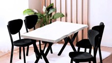 Set Masa Barton din MDF cu 4 Scaune  din metal, alb si negru, 140 cm