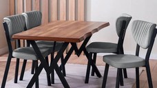 Set Masa Barton din MDF cu 4 Scaune  din metal, Bucatarie, living ,culoare nuc si gri,140 cm