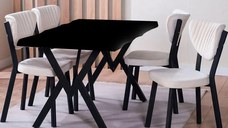 Set Masa Barton din MDF cu 4 Scaune  din metal, culaore negru si bej, 140 cm