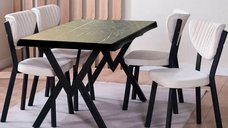 Set Masa Barton din MDF cu 4 Scaune din metal, culoare negru si bej, 140 cm