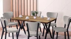 Set Masa Barton din MDF cu 6 Scaune  din metal, culaore nuc si crem, 140 cm