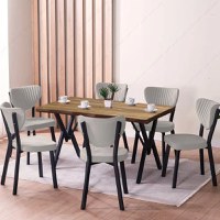 Set Masa Barton din MDF cu 6 Scaune  din metal, culaore nuc si crem, 140 cm - 1