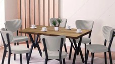 Set Masa Barton din MDF cu 6 Scaune  din metal, culaore nuc si crem, 140 cm