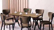 Set Masa Barton din MDF cu 6 Scaune  din metal, culaore nuc si maro, 140 cm